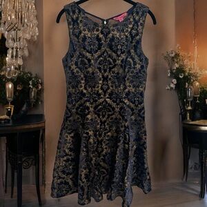 Betsey Johnson Navy Blue and Gold Felt Embroidered Mini Dress Size 8
